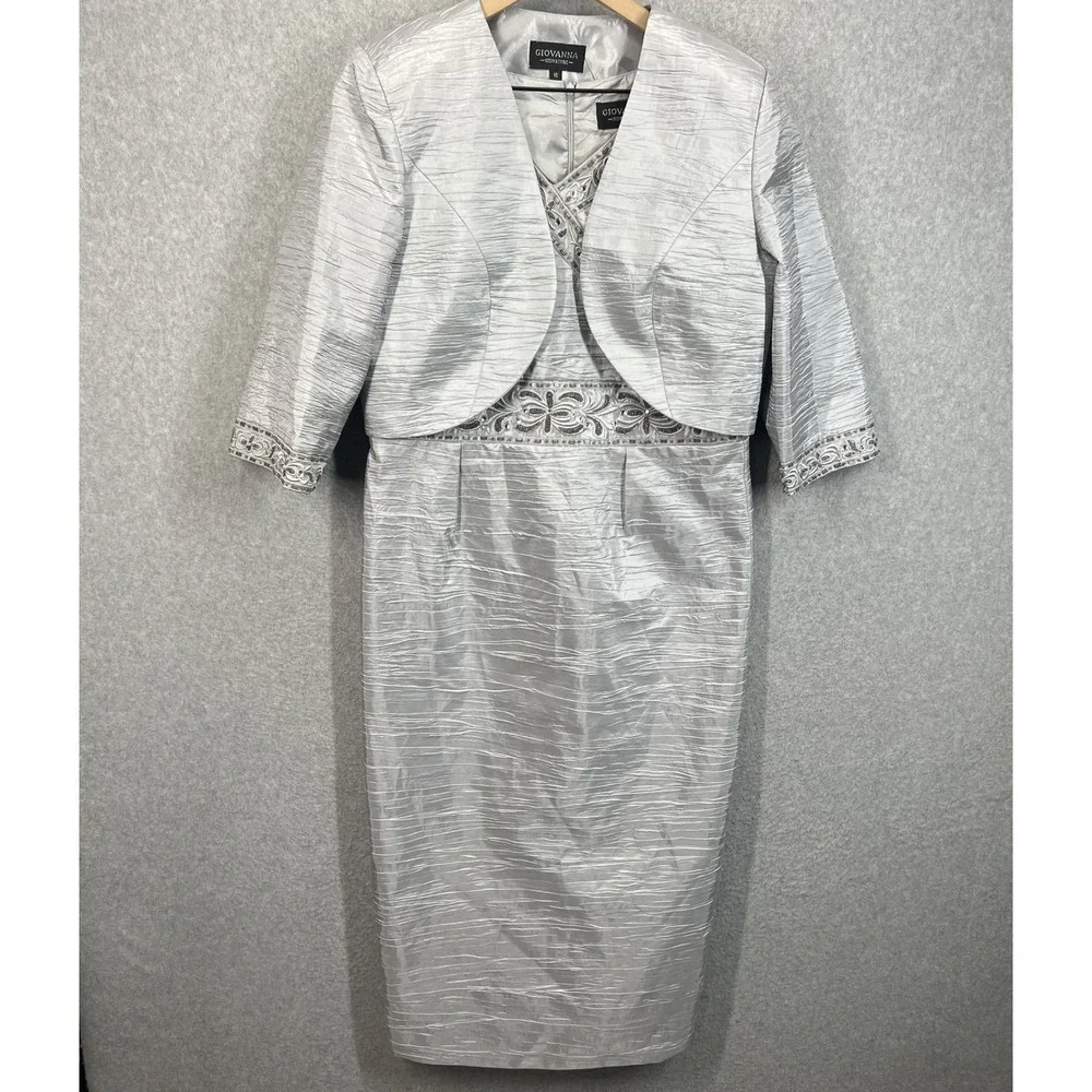 Giovanna Dress Jacket Set Womens 10 Silver Beaded Formal Mother of Bride Good‎